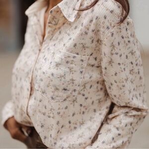 Sequin Floral Beige Button-Down Shirt